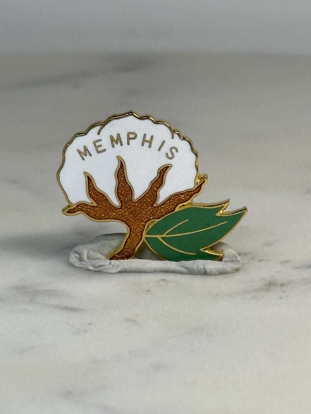 Memphis Cotton Plant Pin: Enamel Gold-Tone - Vintage City Souvenir Accessory