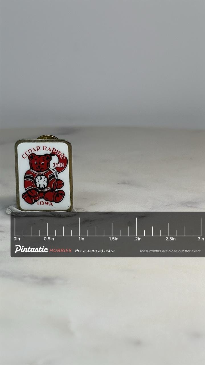 Cedar Rapids Iowa Bear Pin: Red Enamel - 1991 Souvenir Accessory with ruler overlay for size reference