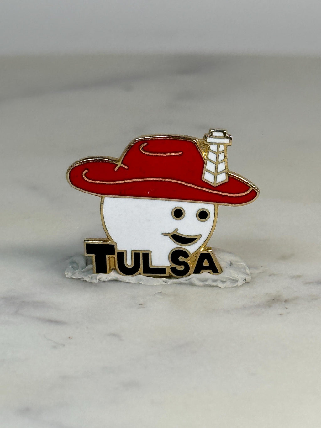 Tulsa Souvenir Pin: Red Hat Smiley Design - Vintage Travel Accessory