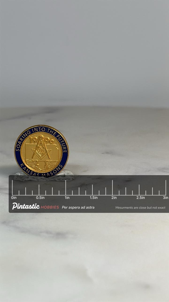 Kansas Masons Lapel Pin: Gold & Blue Enamel - 1996 Fraternal Accessory with ruler overlay for size reference