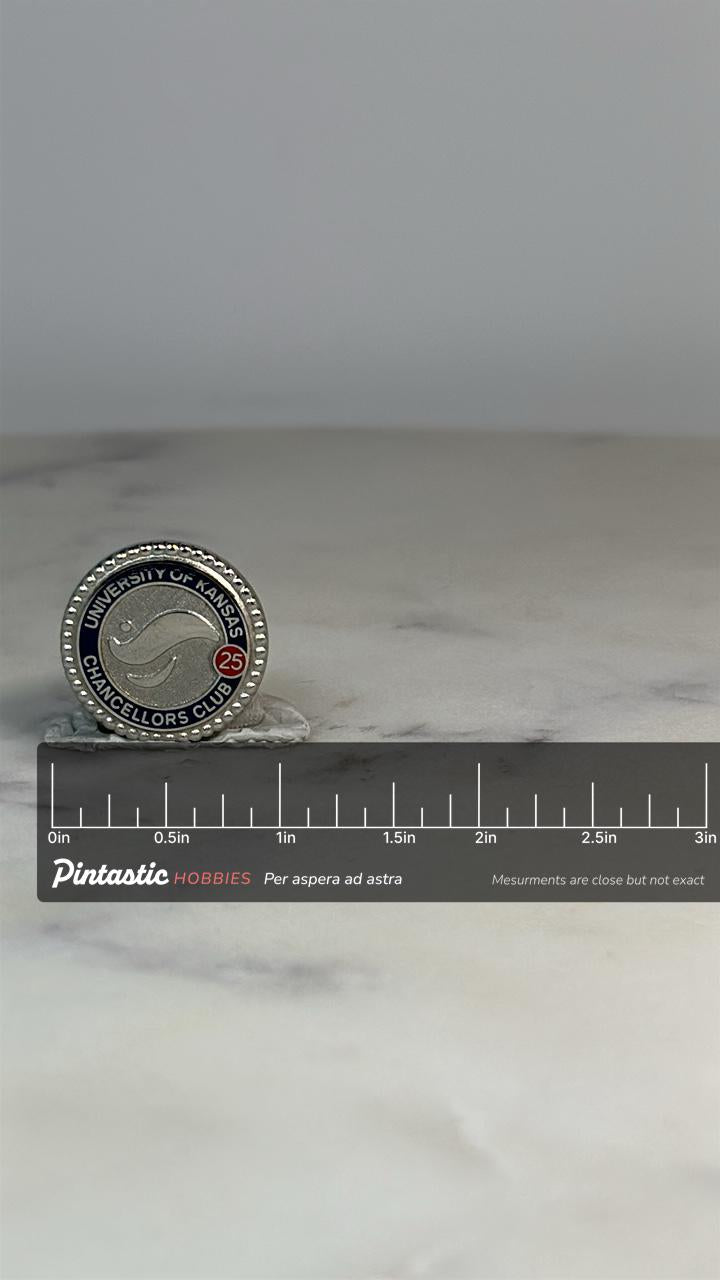 University of Kansas Chancellors Club Pin: Silver & Blue - College Accessory with ruler overlay for size reference