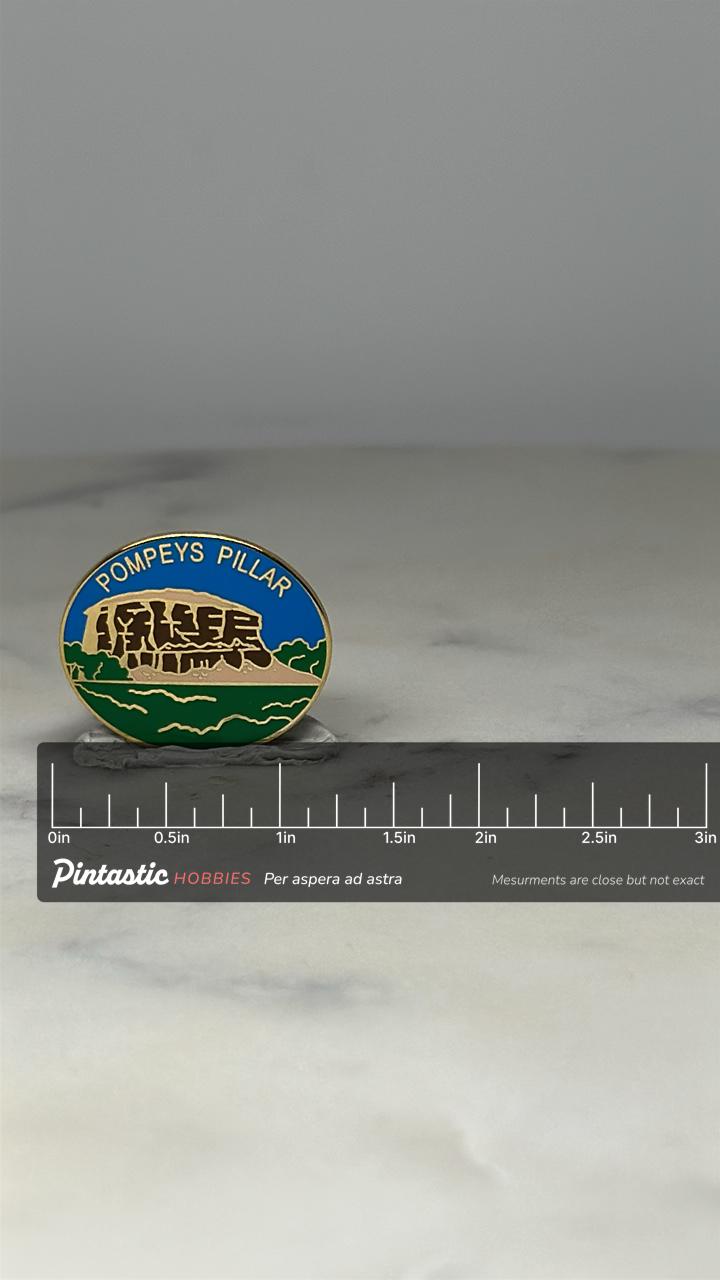 Pompeys Pillar Souvenir Pin: Gold Trim Enamel - Travel Landmark Accessory with ruler overlay for size reference