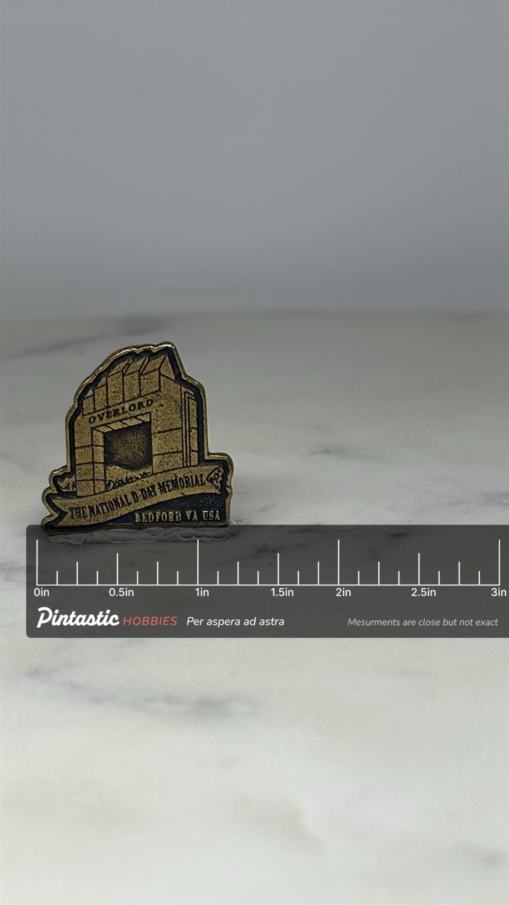 D-Day Memorial Souvenir Pin: Antique Bronze Finish - WWII Tribute Accessory with ruler overlay for size reference