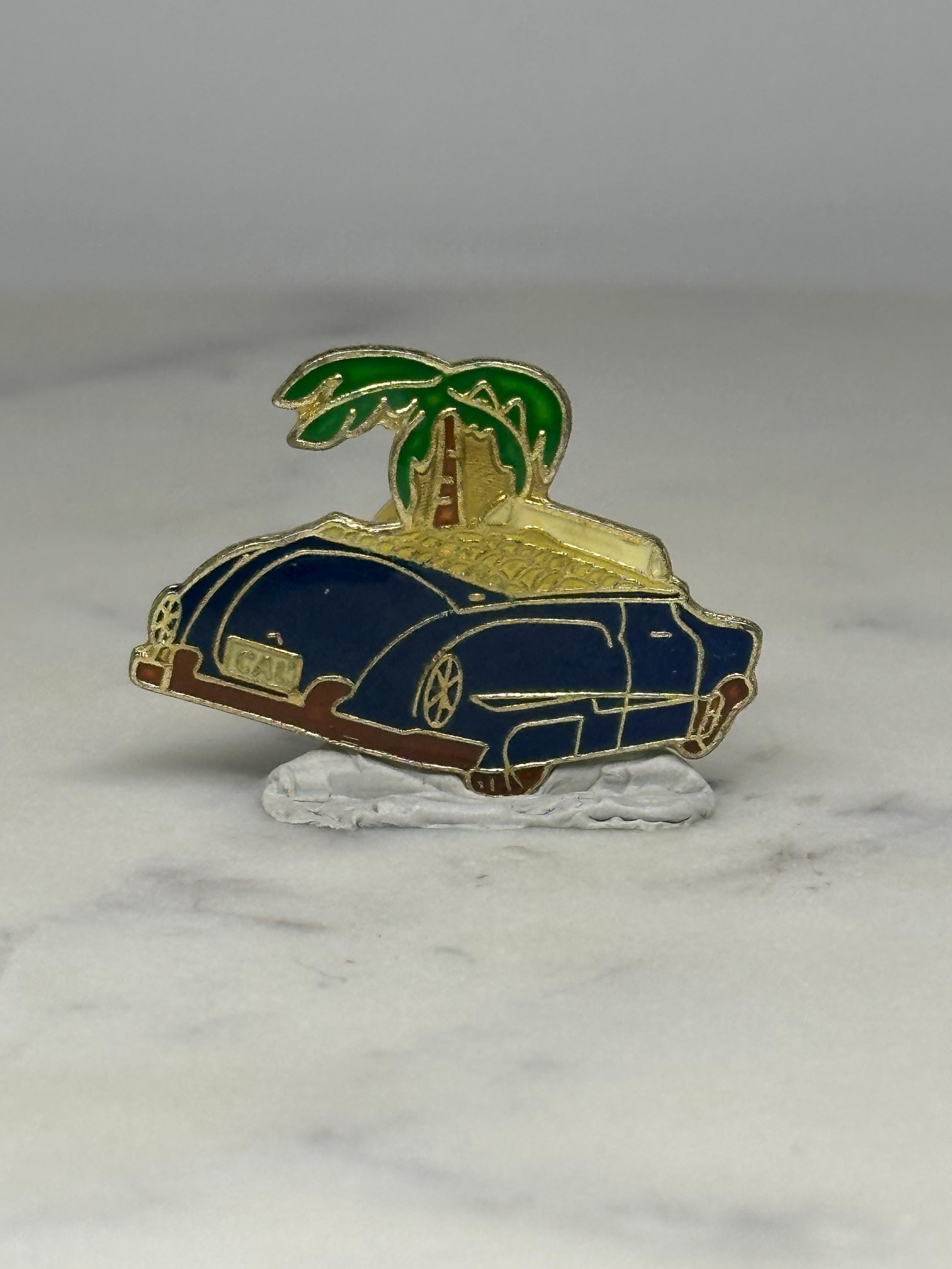 Vintage Car & Palm Tree Lapel Pin: Blue Enamel Finish - Tropical Beach Accessory
