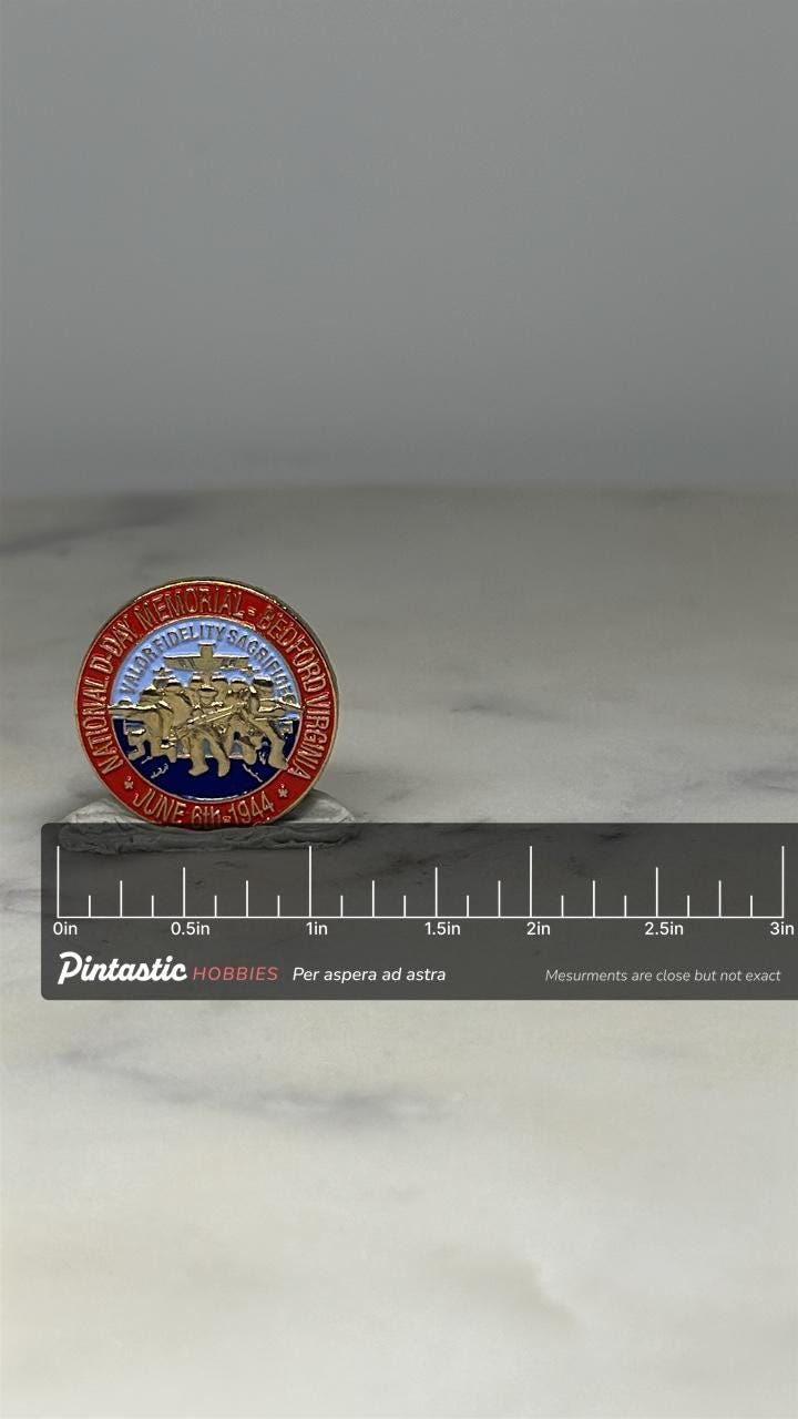 D-Day Memorial Pin: Red Blue Gold Enamel - WWII Commemorative Accessory with ruler overlay for size reference