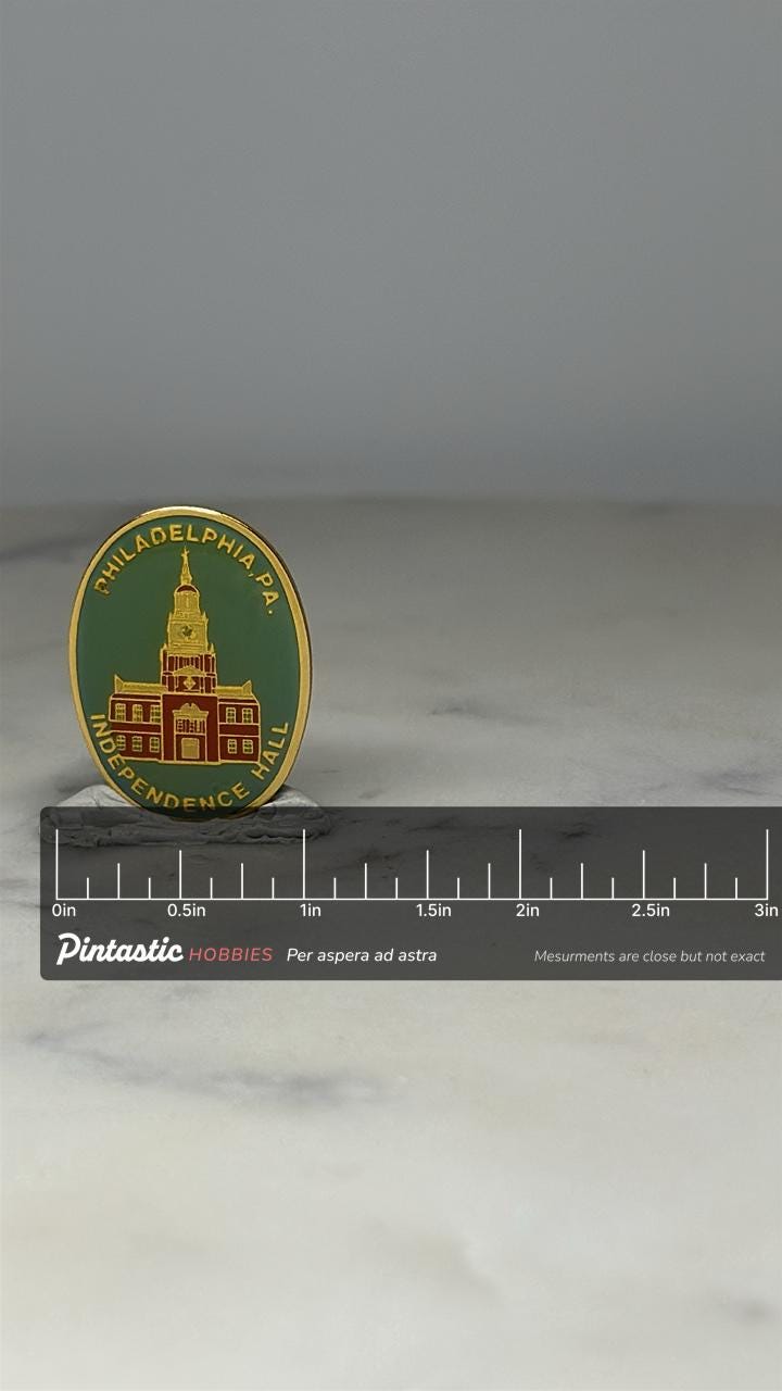 Independence Hall Souvenir Pin: Green & Gold Enamel - Historic Travel Accessory with ruler overlay for size reference