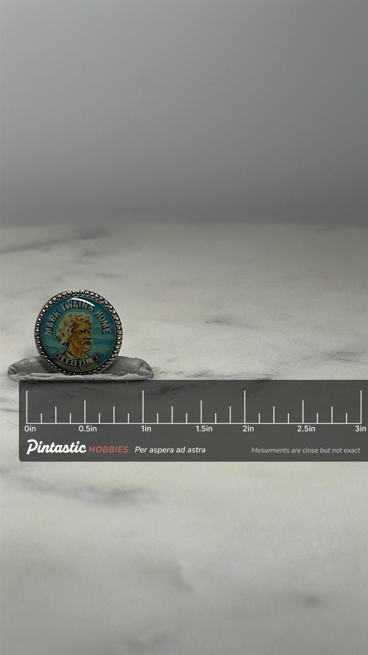 Mark Twain Souvenir Pin: Silver Trim Portrait - Vintage Tourist Accessory with ruler overlay for size reference