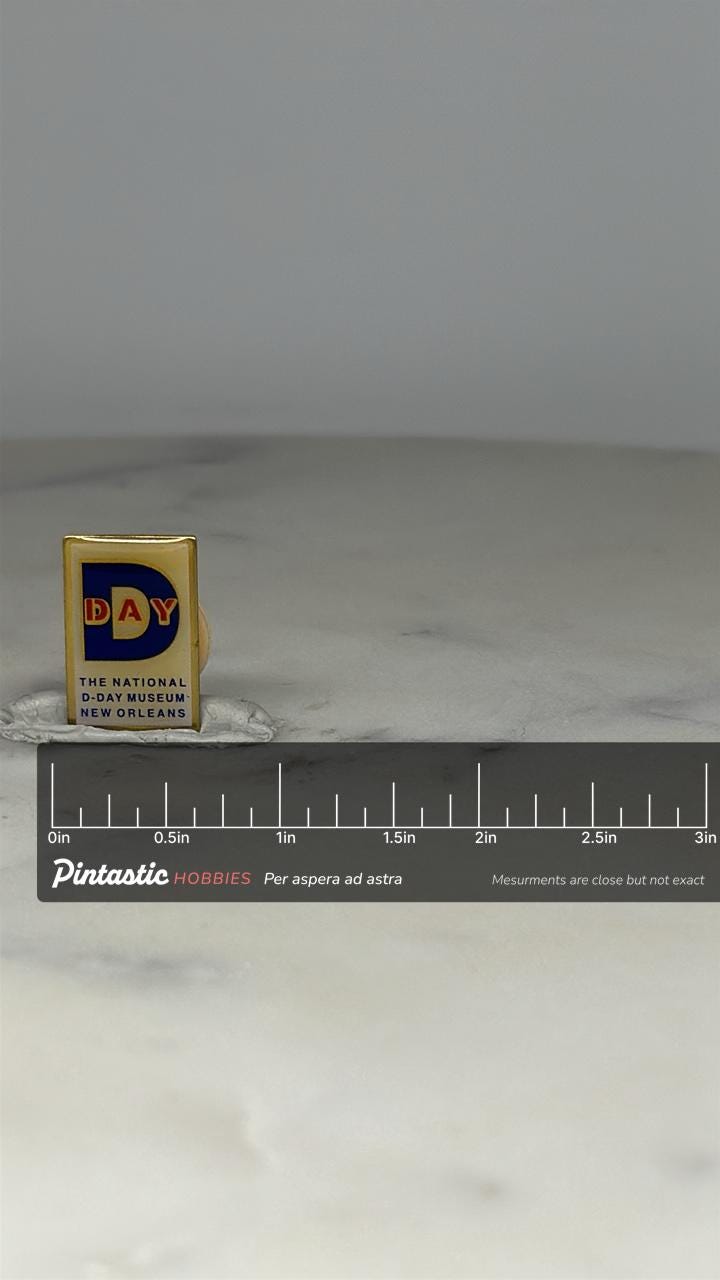 D-Day Museum Collectible Pin: Gold Enamel Finish - WWII Tribute Accessory with ruler overlay for size reference