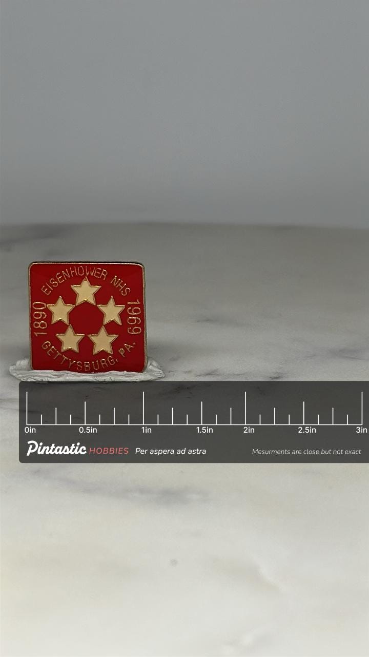 Eisenhower NHS Gettysburg Pin: Red Enamel Gold Stars - 1969 Historic Accessory with ruler overlay for size reference