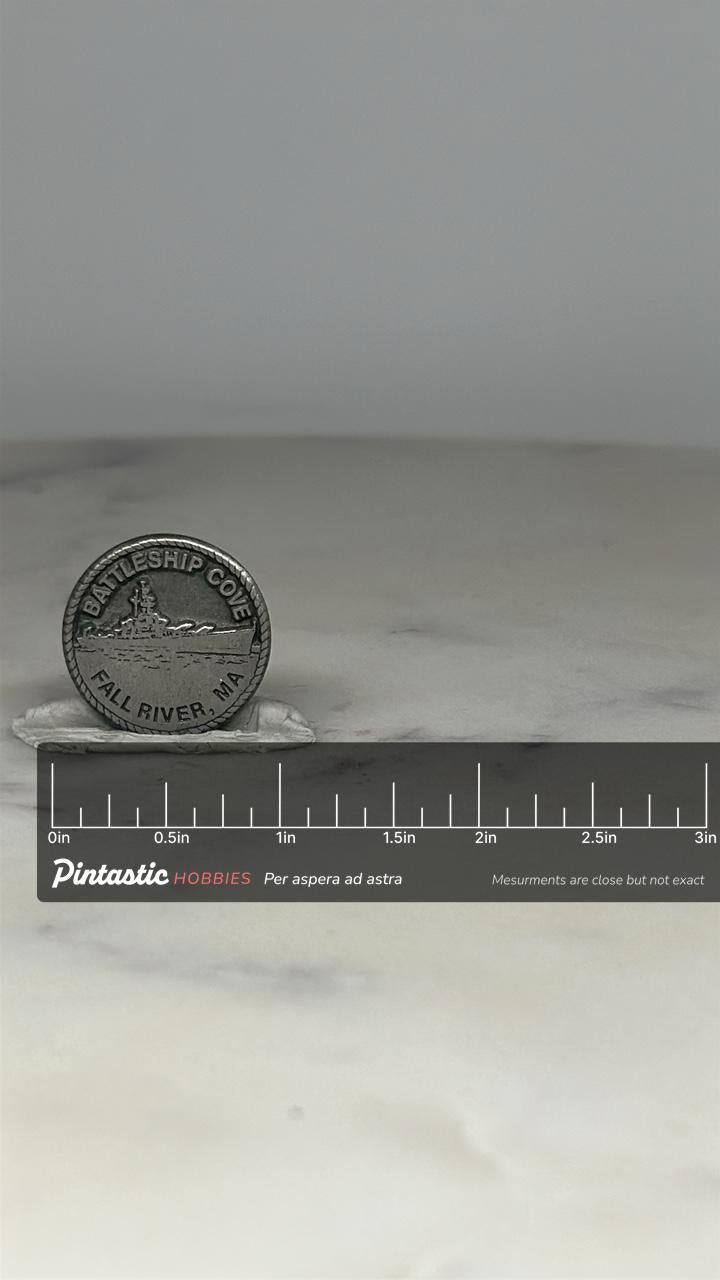 Battleship Cove Souvenir Pin: Pewter Finish - Nautical Military Accessory with ruler overlay for size reference