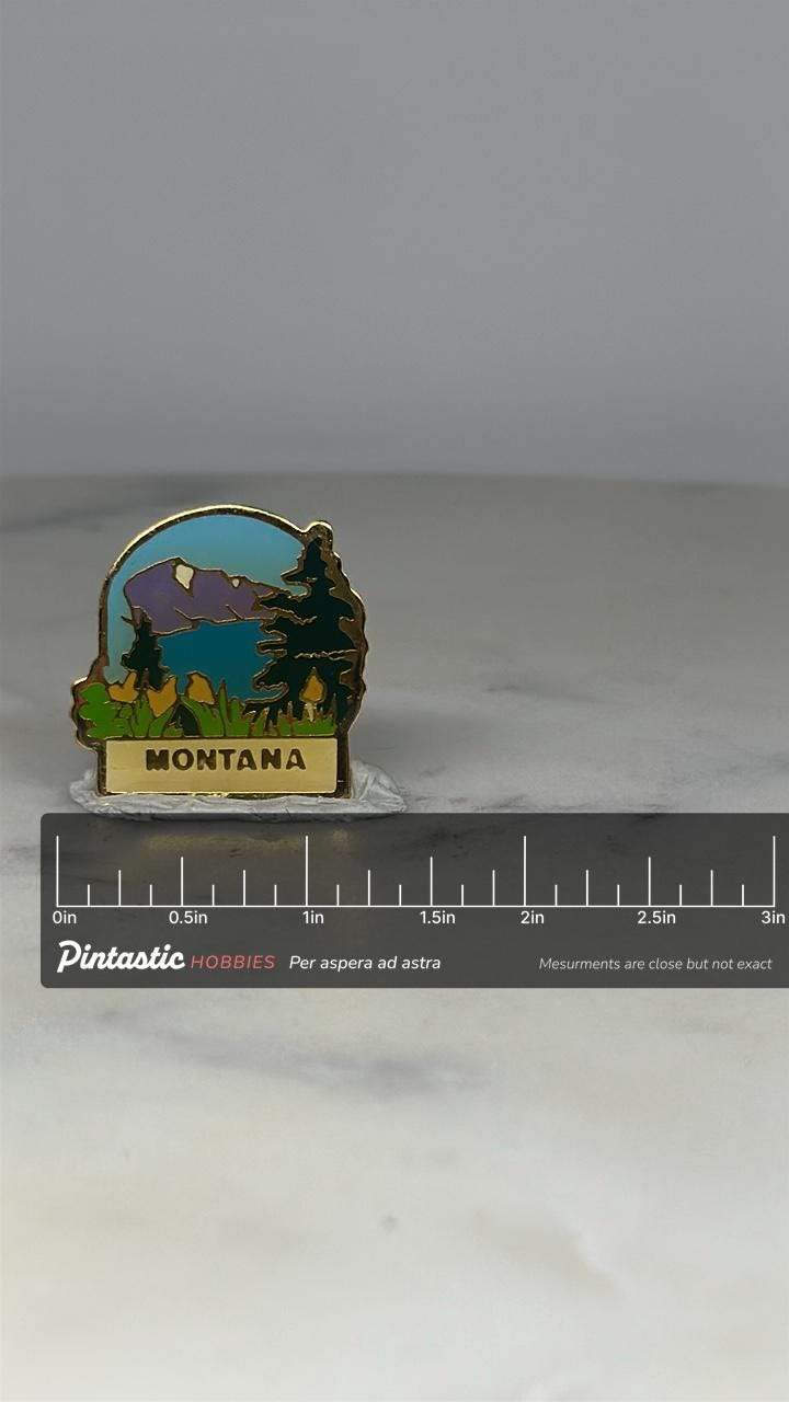 Montana Souvenir Pin: Scenic Nature Enamel - Vintage Travel Accessory with ruler overlay for size reference