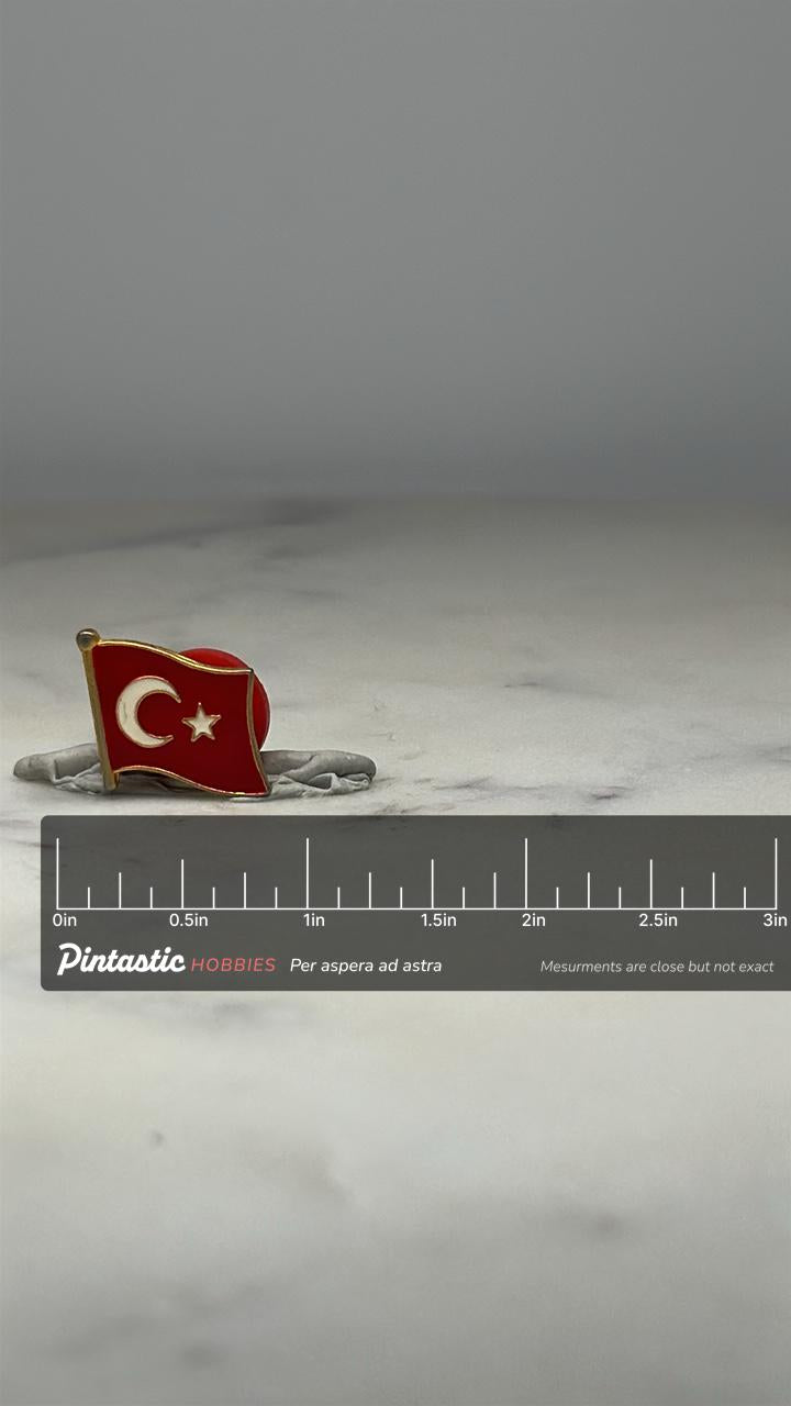 Turkish Flag Lapel Pin: Red Enamel Gold Trim - Patriotic Accessory with ruler overlay for size reference
