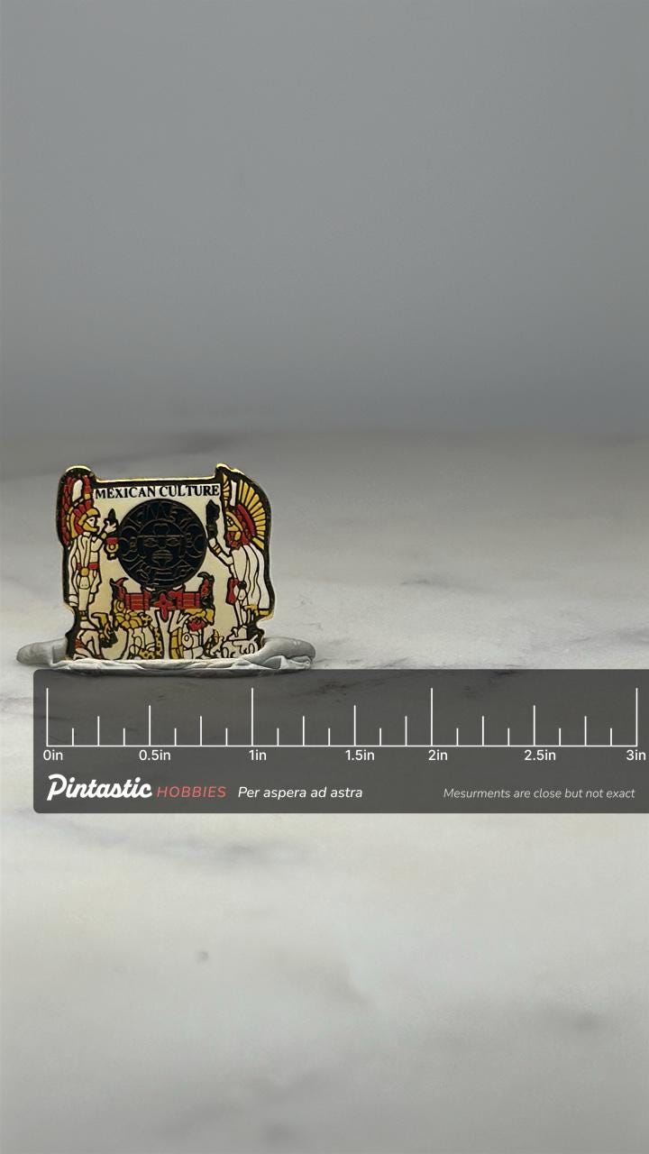 Mexican Culture Enamel Pin: Bold Red & Gold - Heritage Theme Accessory with ruler overlay for size reference