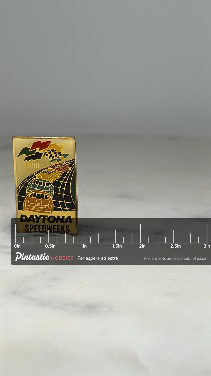 Daytona Speedweeks Racing Pin: Gold Enamel Finish - 1990 Collectible Accessory with ruler overlay for size reference