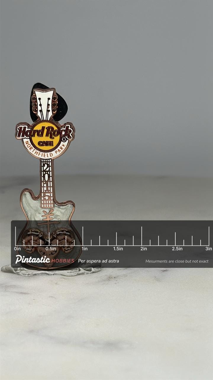 Hard Rock Cafe Northfield Park Limited Edition 200 Guitar Pin Aries / Zodiac Design with ruler overlay for size reference