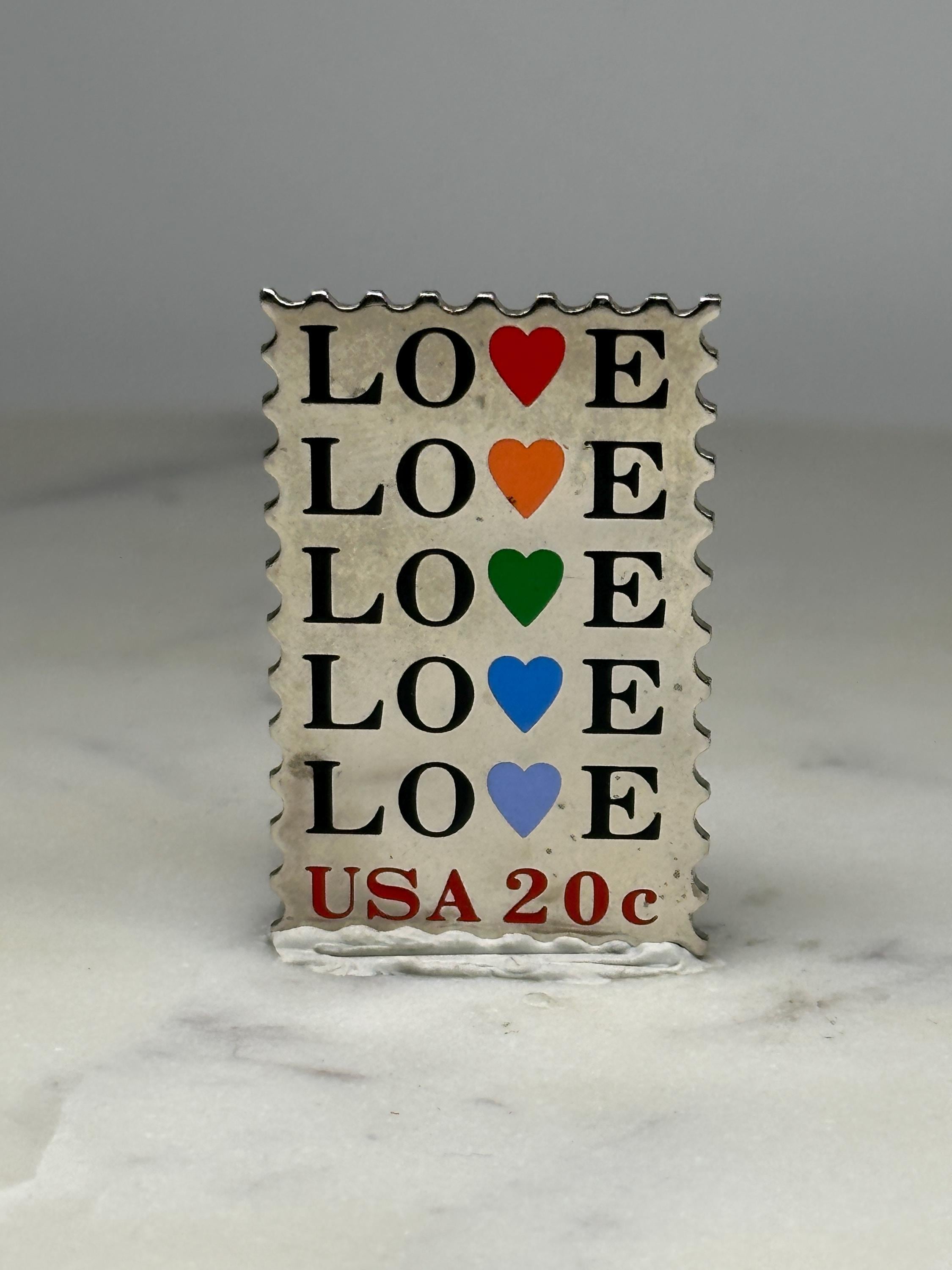 LOVE Stamp Pin: Multicolor Hearts Silver Finish - Vintage Style Accessory