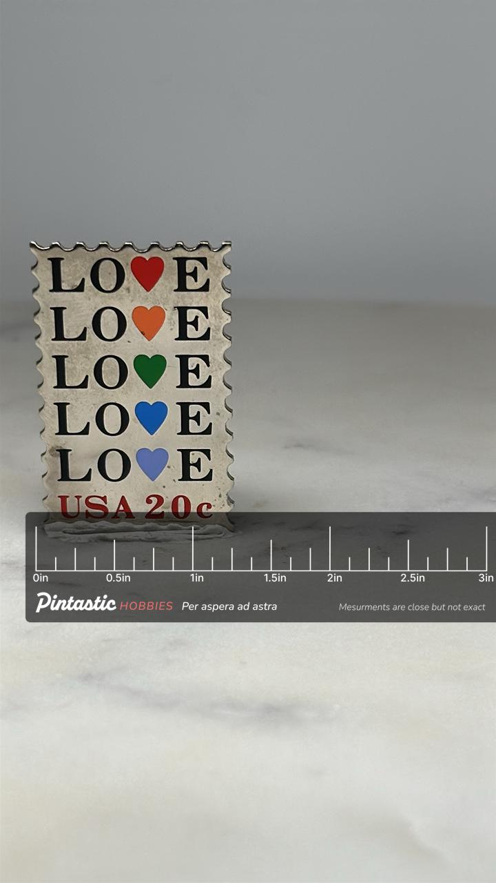 LOVE Stamp Pin: Multicolor Hearts Silver Finish - Vintage Style Accessory with ruler overlay for size reference