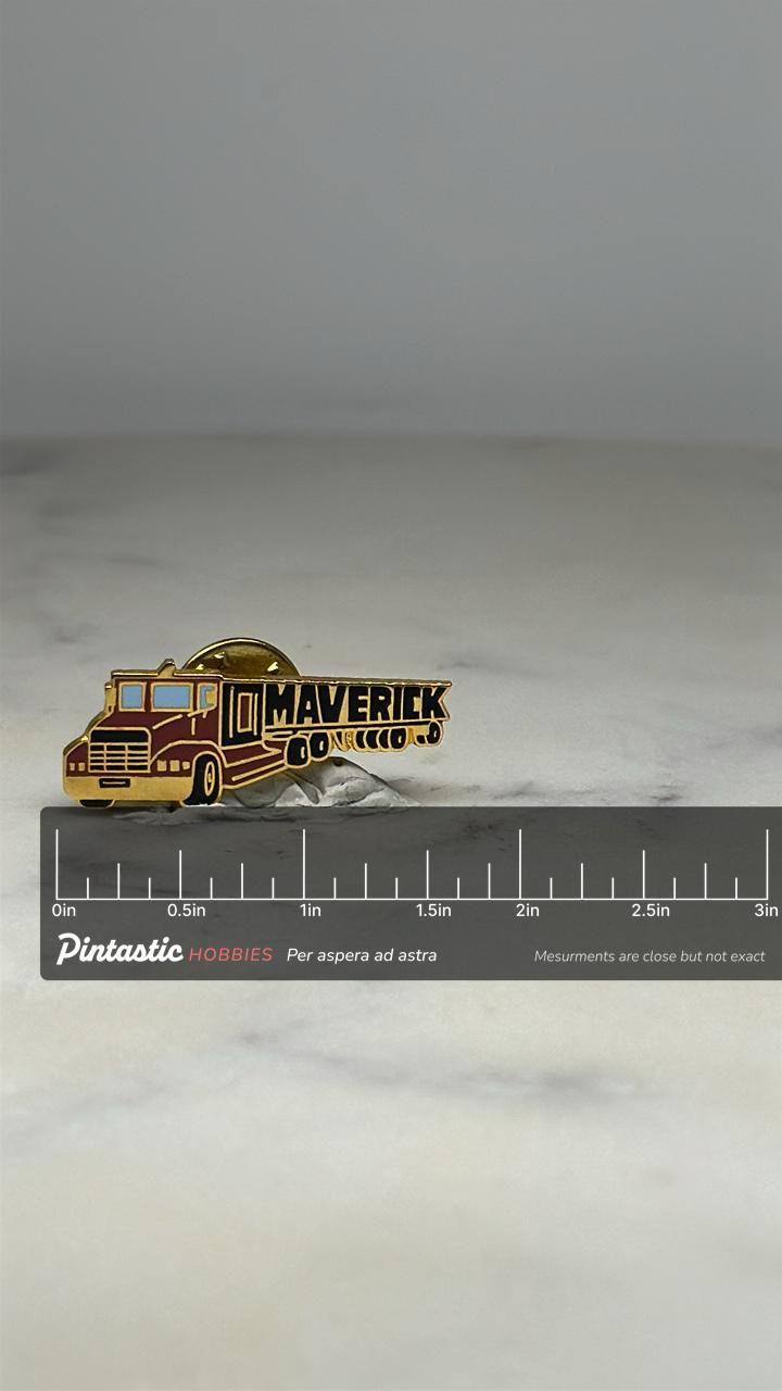 Maverick Trucking Pin: Red Enamel Gold-Tone - Vintage Company Accessory with ruler overlay for size reference