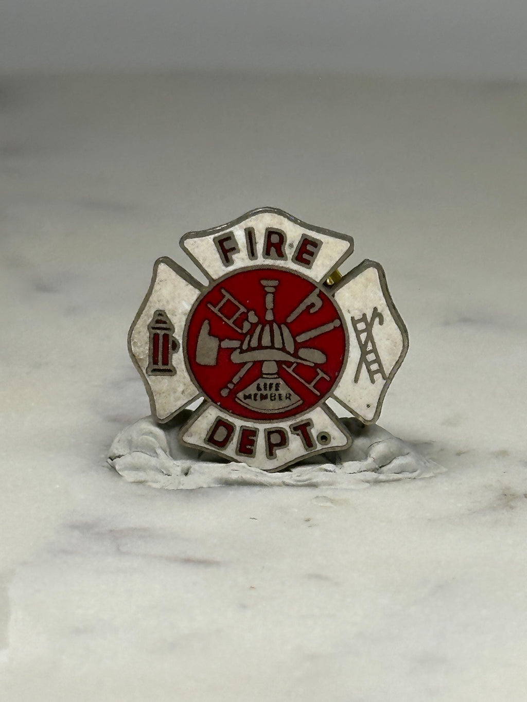 Fire Department Pin: Red & White Enamel - Vintage Life Member Accessory