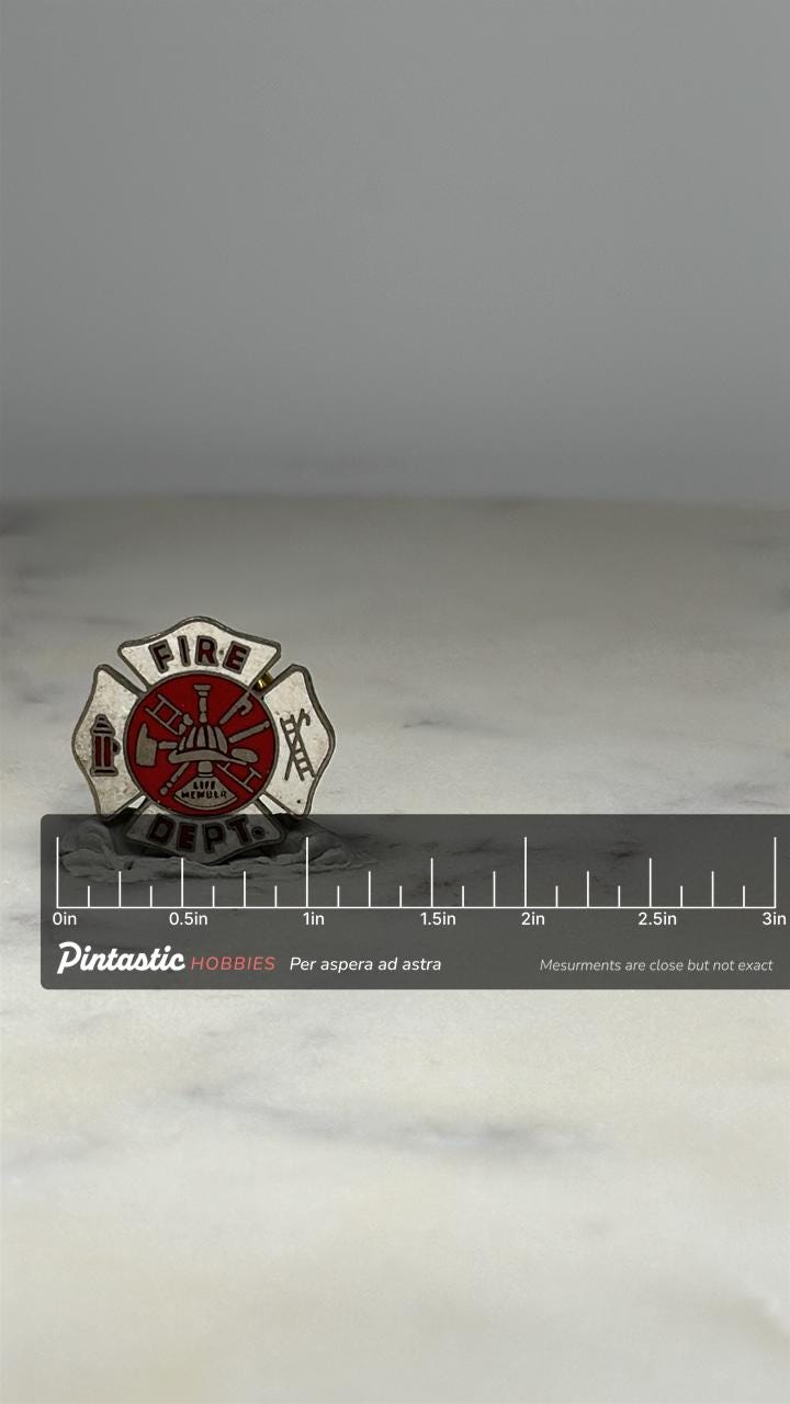 Fire Department Pin: Red & White Enamel - Vintage Life Member Accessory with ruler overlay for size reference