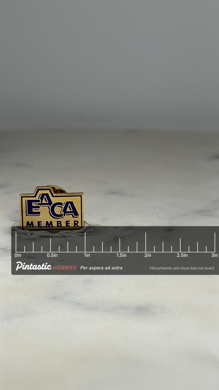 EACA Member Pin: Gold & Blue Enamel - Vintage Career Accessory with ruler overlay for size reference