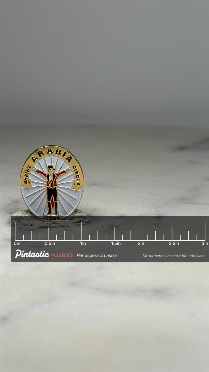 Shrine Arabia Circus Pin: Gold & Enamel Finish - 2004 Collectible Accessory with ruler overlay for size reference