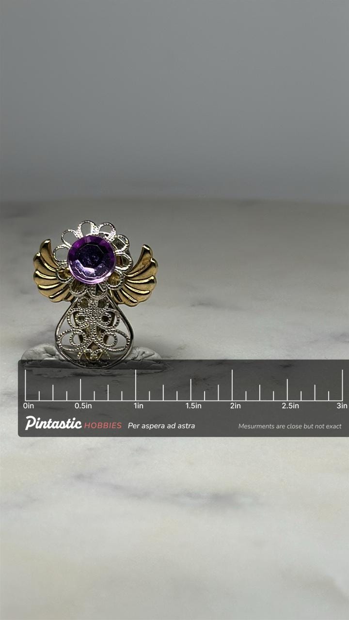 Angel Brooch Pin: Gold & Silver Filigree with Purple Gem - Vintage Accessory with ruler overlay for size reference
