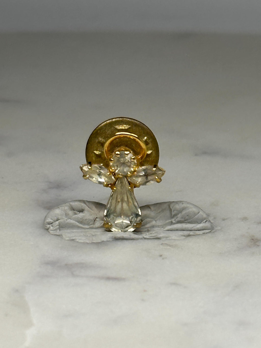 Rhinestone Angel Pin: Gold Tone & Clear Crystal - Vintage Religious Accessory