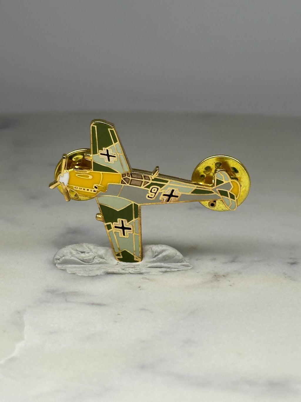 WWII German Fighter Plane Pin: Green Enamel Goldtone - Military Accessory