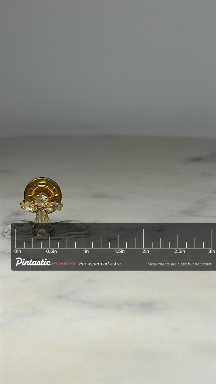 Rhinestone Angel Pin: Gold Tone & Clear Crystal - Vintage Religious Accessory with ruler overlay for size reference