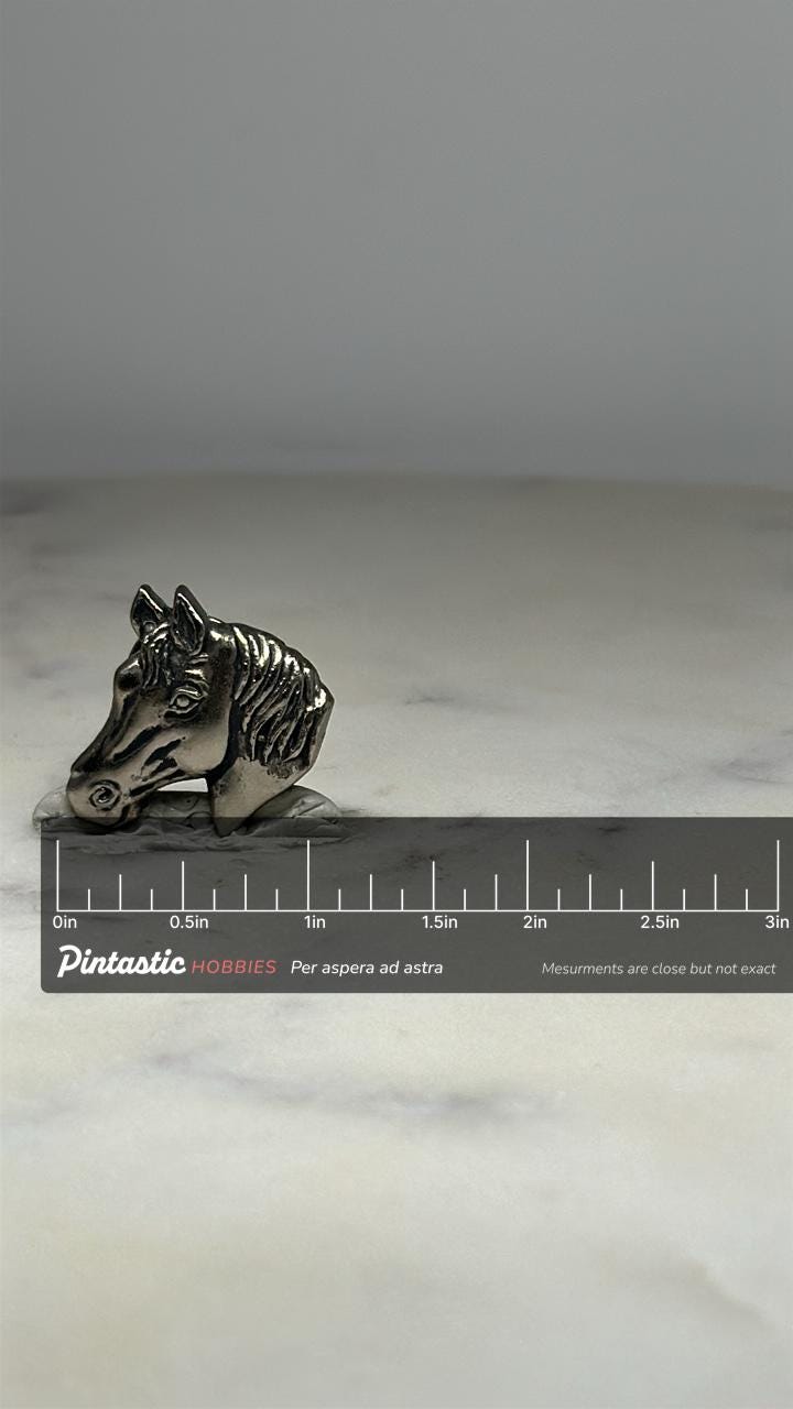 Horse Head Lapel Pin: Antique Silver Tone - Western Style Accessory with ruler overlay for size reference