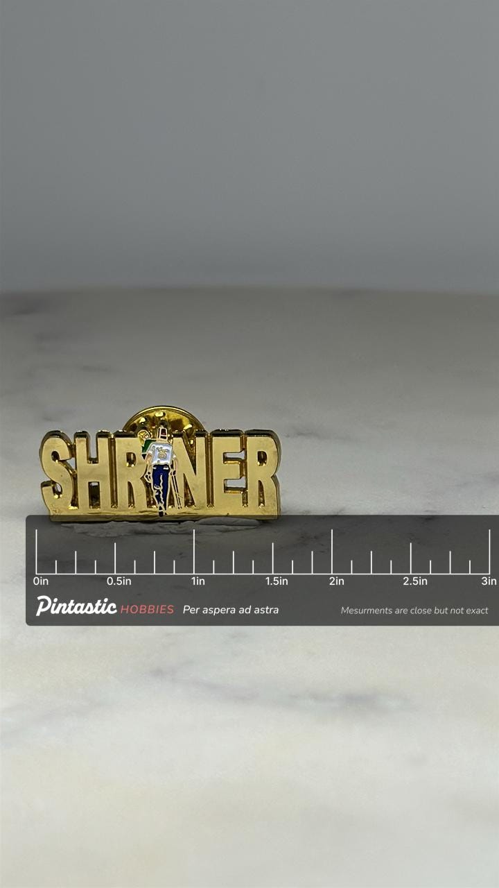 Shriner Lapel Pin: Gold Tone with Color Accents - Fraternal Order Accessory with ruler overlay for size reference
