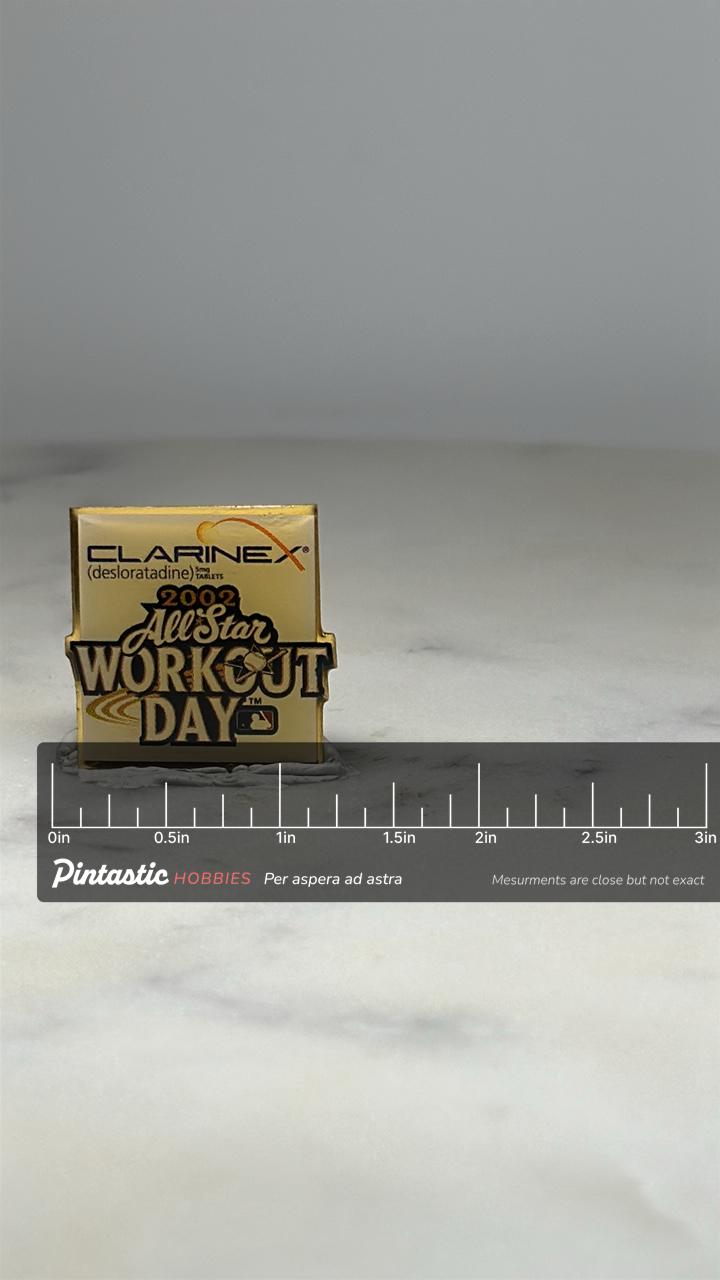 MLB All-Star Workout Day Pin: Gold Black Enamel - 2002 Sports Accessory with ruler overlay for size reference