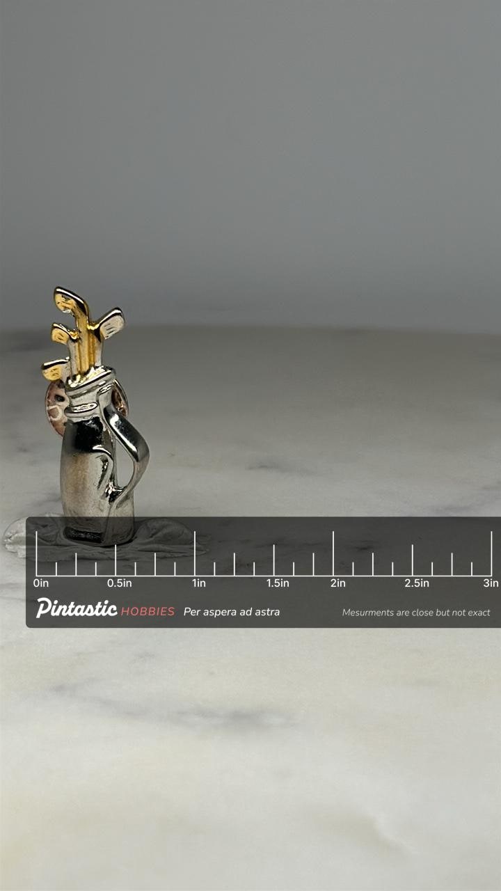 Golf Bag Lapel Pin: Silver & Gold Finish - Sports Theme Accessory with ruler overlay for size reference