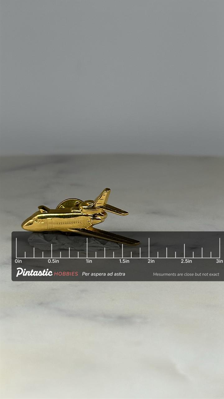 Gold Passenger Jet Lapel Pin: Gold Tone - Commercial Airliner Airplane Aviation Pin with ruler overlay for size reference