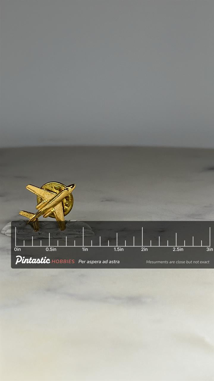 Jet Airplane Lapel Pin: Gold Tone Metal - Vintage Travel Accessory with ruler overlay for size reference
