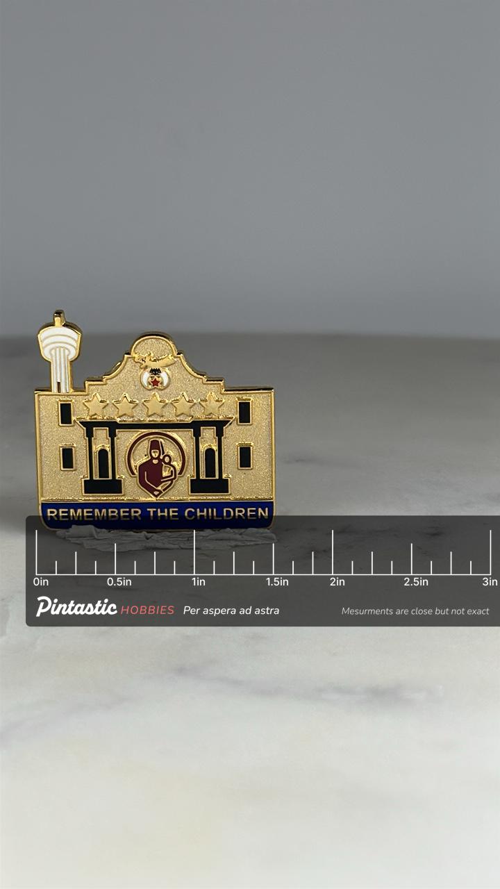 Remember the Children Shriners Pin: Gold Enamel Finish - Memorial Accessory with ruler overlay for size reference