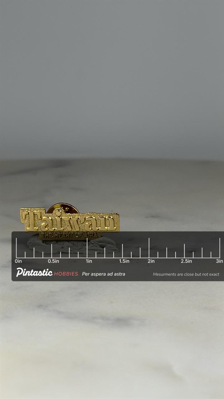 Taiwan Souvenir Pin: Gold Tone - Travel Country Collectible Accessory with ruler overlay for size reference