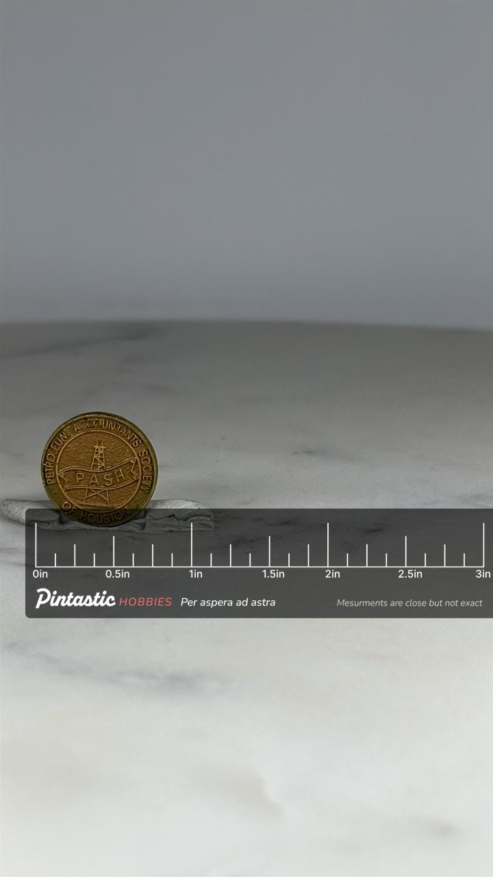 PASH Houston Lapel Pin: Bronze-Tone Circular - Vintage Career Accessory with ruler overlay for size reference