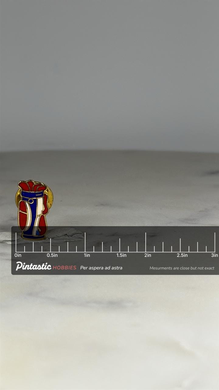 Golf Bag Lapel Pin: Red Blue Enamel - Vintage Sports Accessory with ruler overlay for size reference