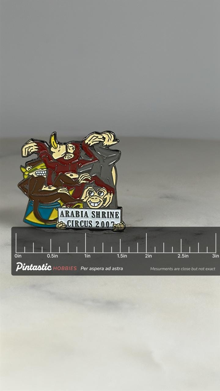 Arabia Shrine Circus Pin: Colorful Enamel - 2007 Commemorative Accessory with ruler overlay for size reference