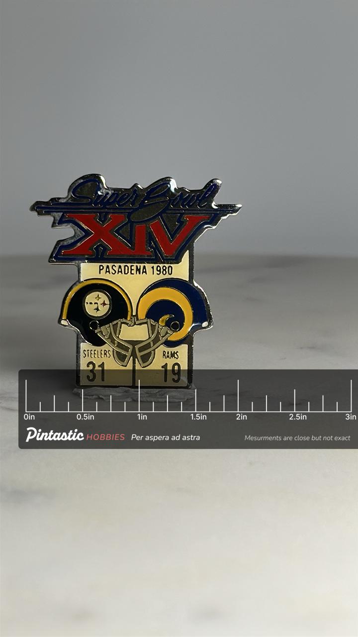 Super Bowl XIV Collector Pin: Enamel Finish - 1980 Sports Accessory with ruler overlay for size reference