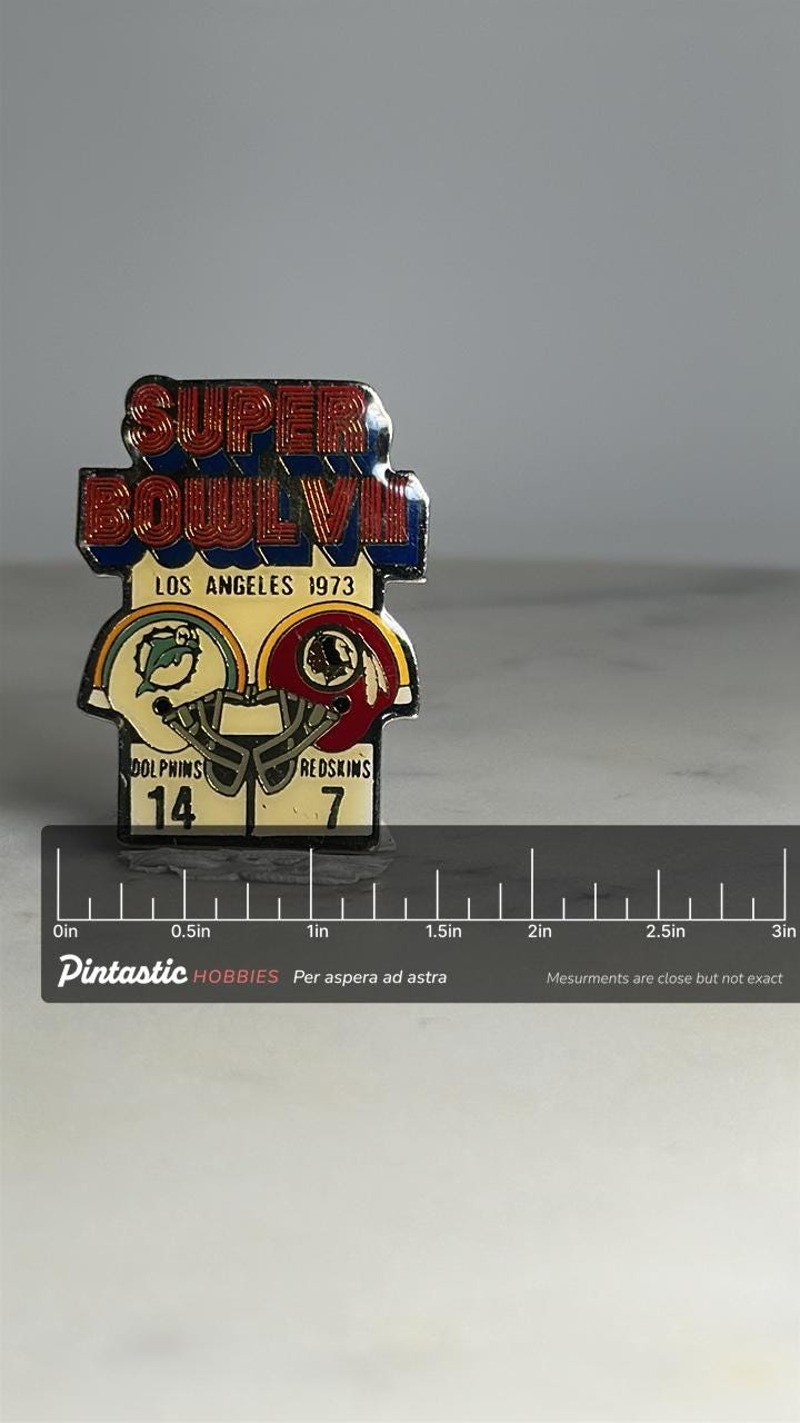Super Bowl VII Collectible Pin: Bold Enamel Finish - 1973 Sports Accessory with ruler overlay for size reference