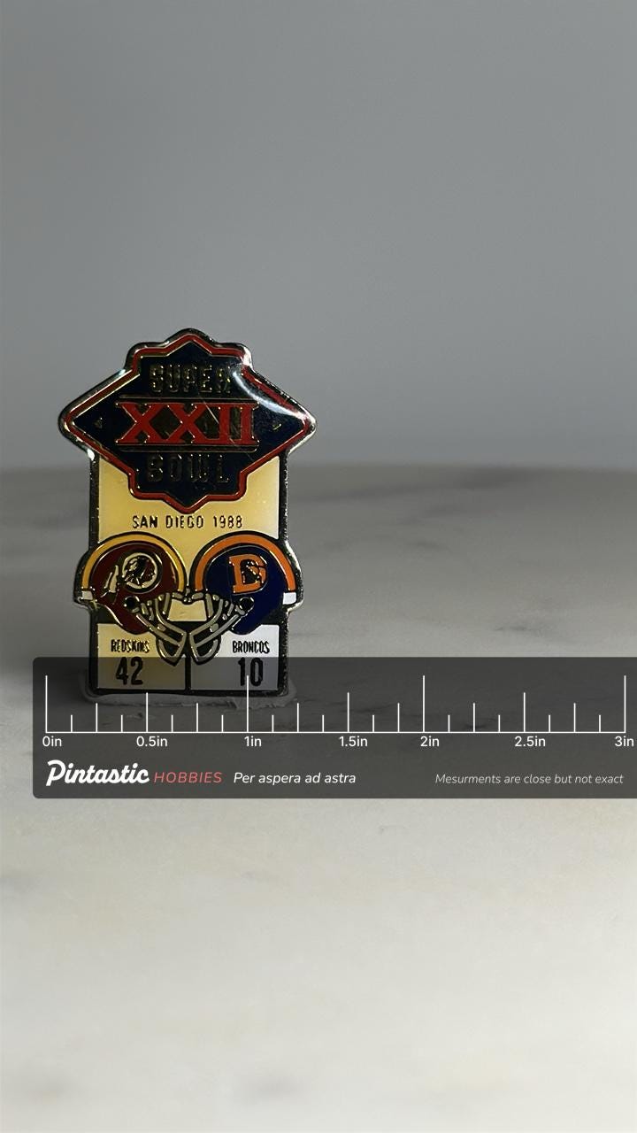 Super Bowl XXII Pin: Enamel Finish - 1988 NFL Collectible Accessory with ruler overlay for size reference