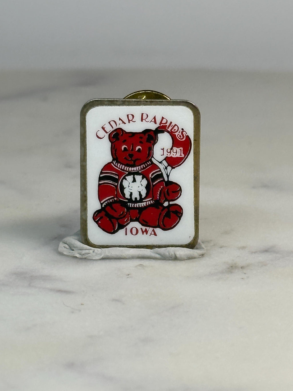Cedar Rapids Iowa Bear Pin: Red Enamel - 1991 Souvenir Accessory
