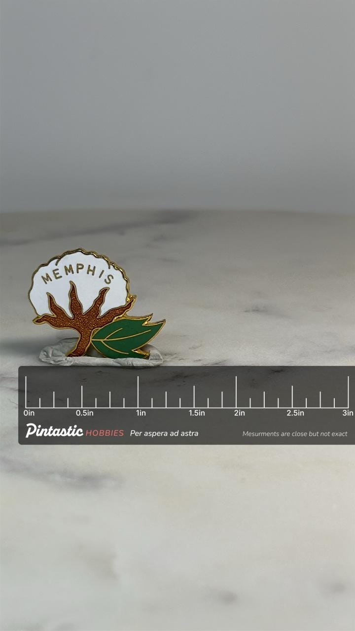 Memphis Cotton Plant Pin: Enamel Gold-Tone - Vintage City Souvenir Accessory with ruler overlay for size reference