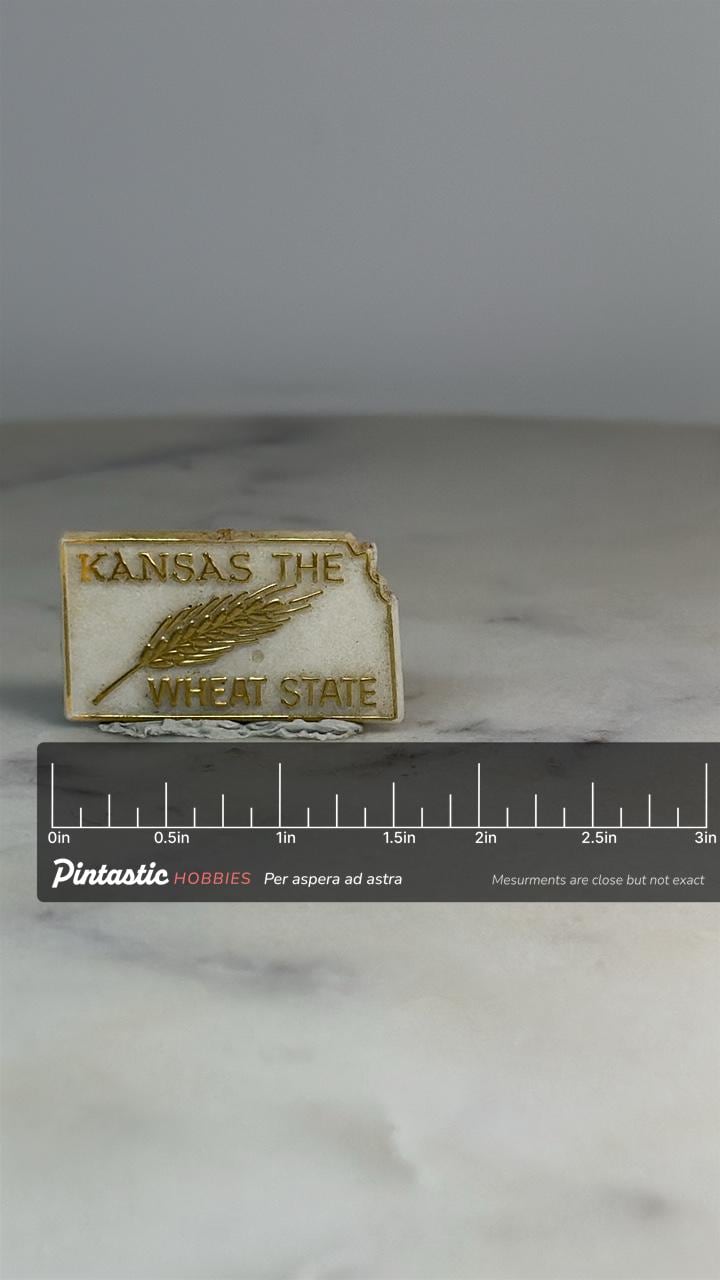Kansas State Souvenir Pin: Gold on White Enamel - Vintage Travel Accessory with ruler overlay for size reference