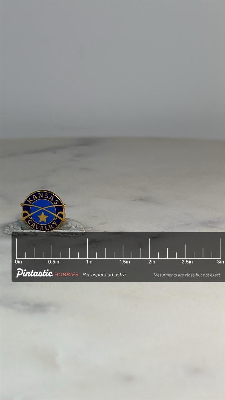 Kansas Cavalry Lapel Pin: Blue & Gold Enamel - Military Collectible Accessory with ruler overlay for size reference