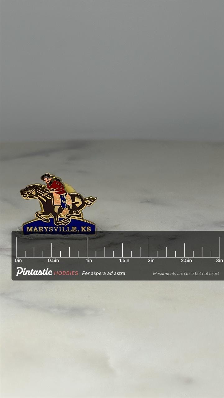 Marysville KS Pony Express Pin: Enamel Gold-Tone - Souvenir Accessory with ruler overlay for size reference