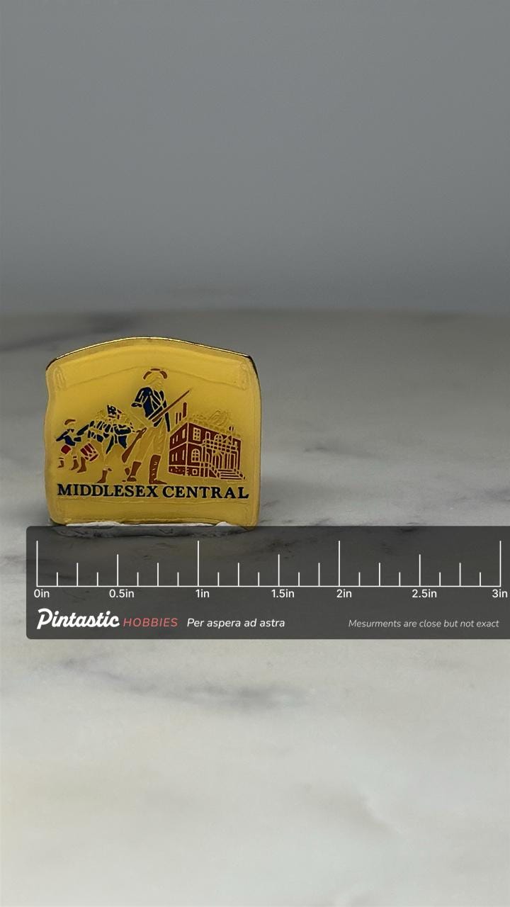 Middlesex Central Lapel Pin: Gold Enamel Finish - Historic Americana Accessory with ruler overlay for size reference
